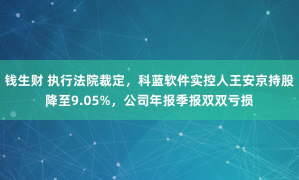 钱生财 执行法院裁定，科蓝软件实控人王安京持股降至9.05%，公司年报季报双双亏损